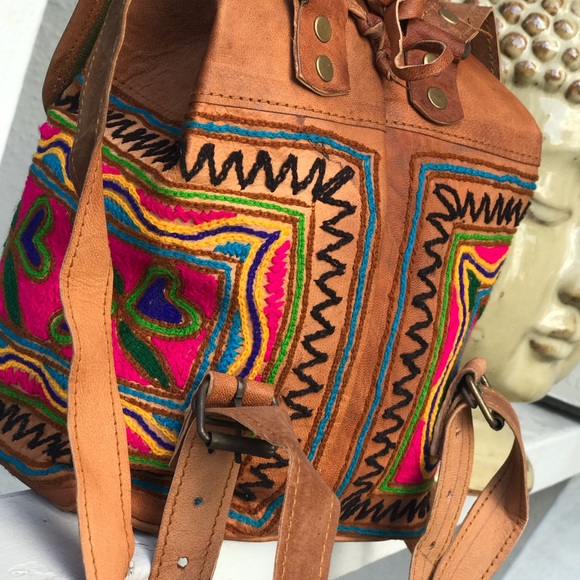 Boho Embroidered Tan Camel Leather Mini Backpack - Picture 4 of 10